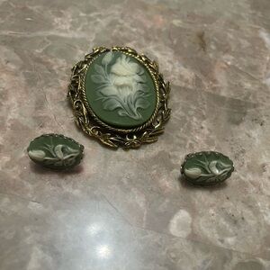 Vintage Floral Cameo Brooch Gold Tone and Clip Silver tone earrings set